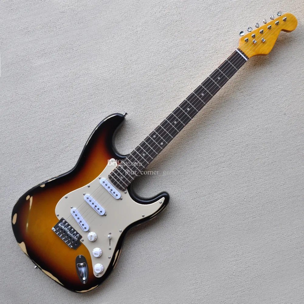 6 snaren Tobacco Sunburst Relic elektrische gitaar met crème slagplaat palissander toets SSS pickups aanpasbaar