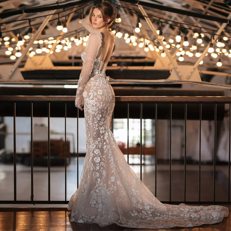 chinese dress ladies Illusion Long Sleeve Lace Shimmery Tulle A-Line Wedding Gown