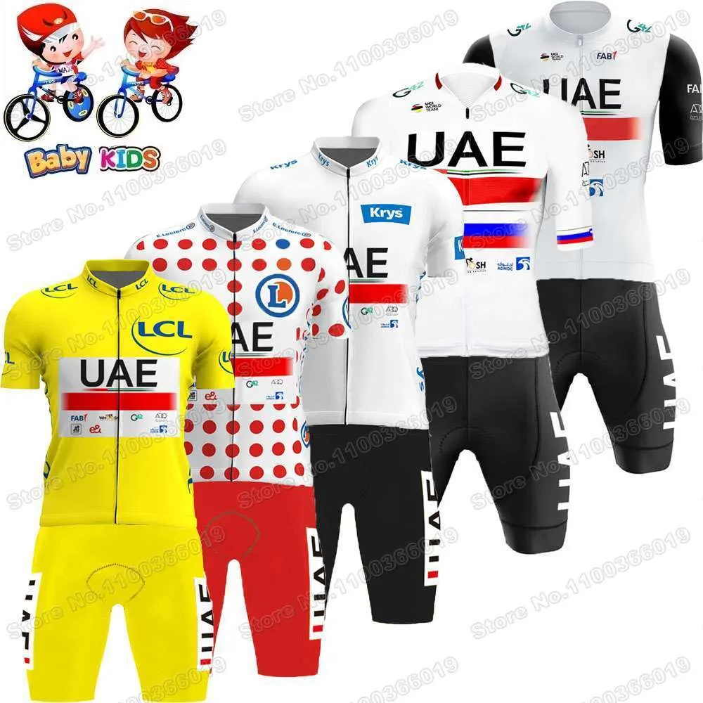 Велосипедный майк устанавливает детские команды ОАЭ, велосипедная майка, Франция TDF Set Yellow White Boys Girls Girls Clothing Tadej Pogacar Детский дорожный костюм 230828