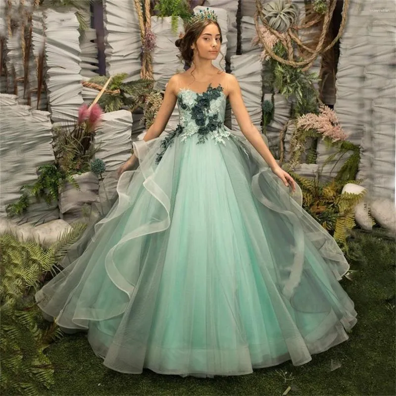 Girl Dresses Flower Elegant Mint Green Sleeveless Tulle Ruffles For Wedding Princess Lace Appliques First Communion Party Gowns