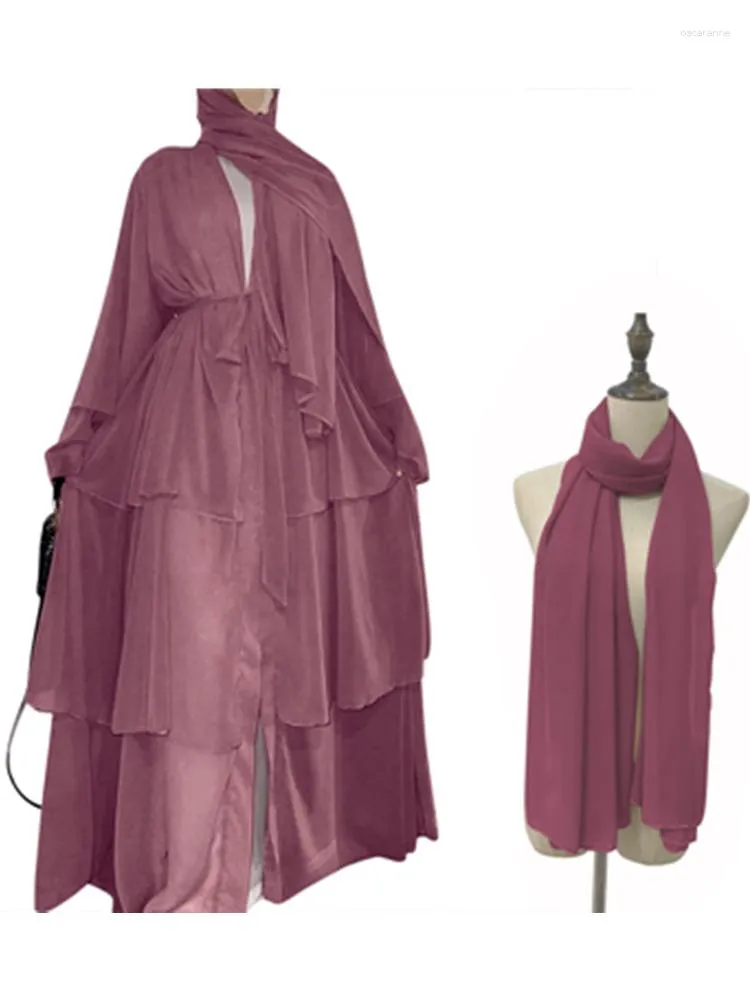 Ethnic Clothing Muslim Cardigan With Scarf Abayas Dress Chiffon Open Abaya Dubai Turkey Kaftan Casual Robe Kimono Female Caftan Islam 2 Pcs