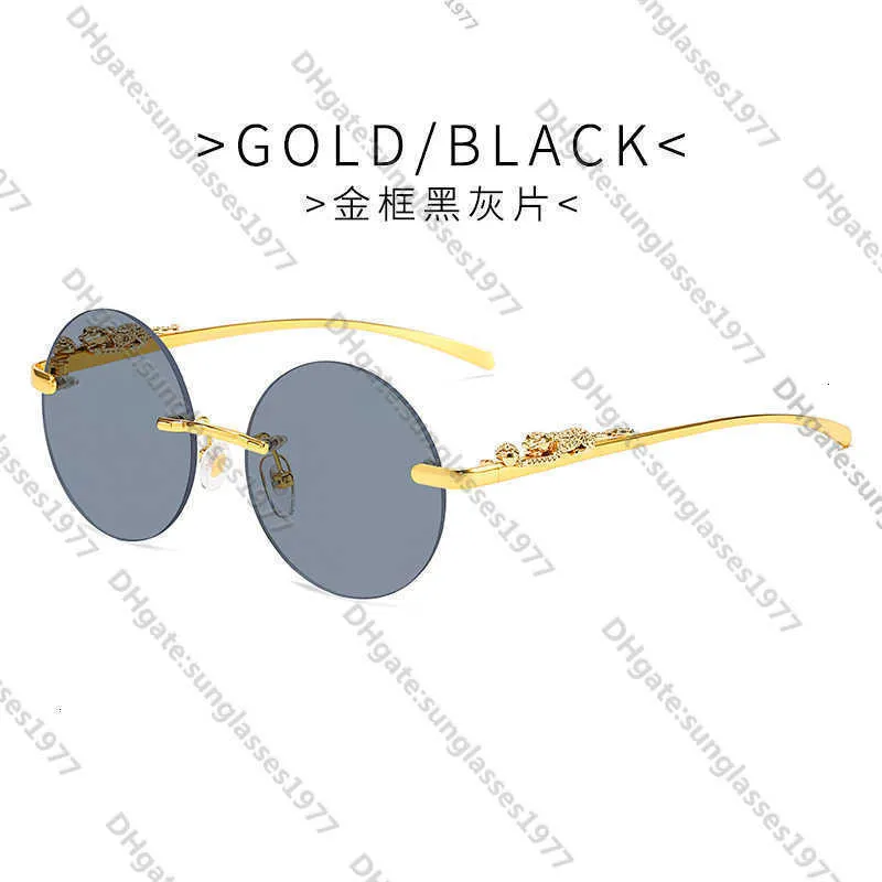 2023 Nya Kajia Leopard Head Round Rimless Solglasögon Kvinnlig gatafoto Fashion Trend Glasses Maleiov4
