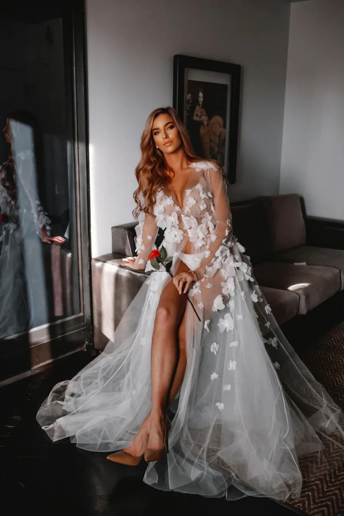 Long white top lace bridal robe