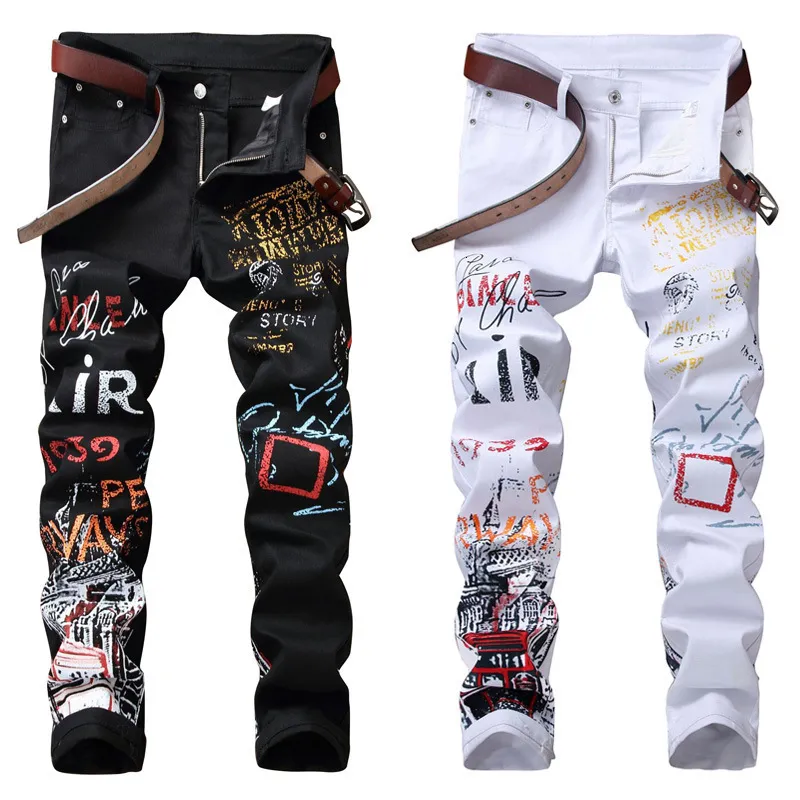 Mens Jeans High Street Fashion Night Club Black White Color Personal Designer Tryckta män Punk Pants Skinny Hip Hop 230829