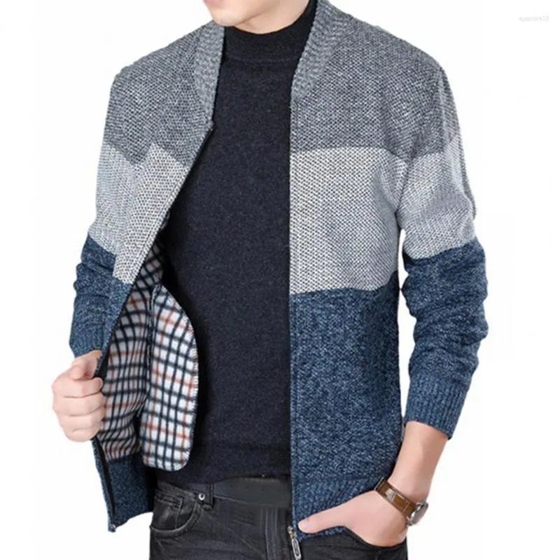 Camisolas masculinas Slim Fit Sweater Casaco Elegante Com Decote Em V Malha Cardigan Contraste Cor Listras Zipper Placket Para Outono Inverno