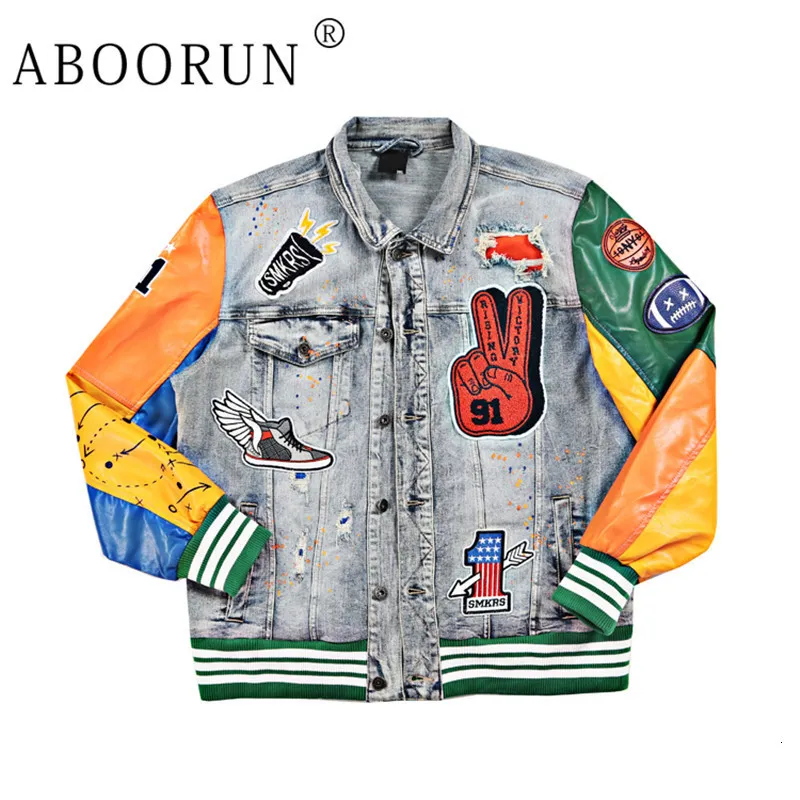 メンズジャケットAboorun Men Hip Hop Denim Pu Patchwork Embroidery Coats Streetwear Male 230829の特大のコート