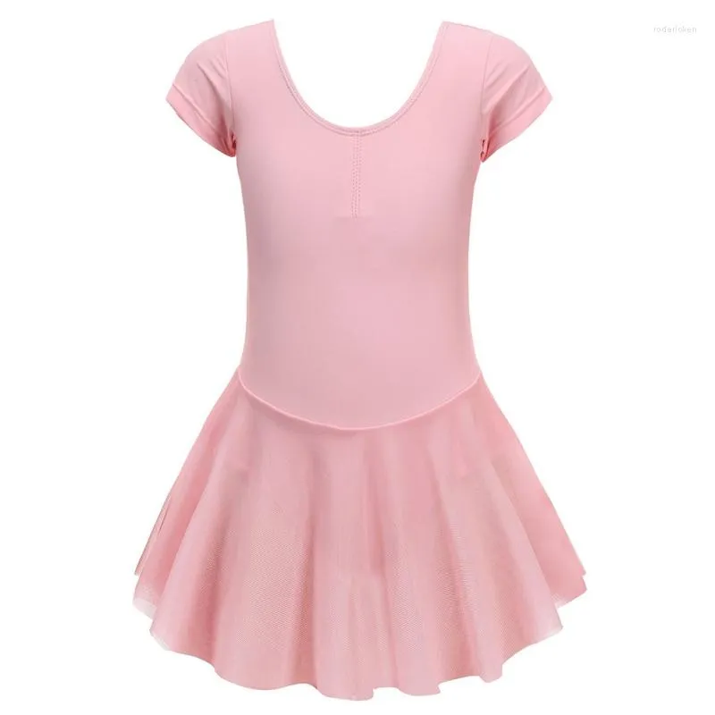 Scene Wear Girls 'Classic Ballet Dance Leotards med GASH -kjolar Solid Color 2in1 Kort ärm Gymnastik Performance Uniforms Bodys