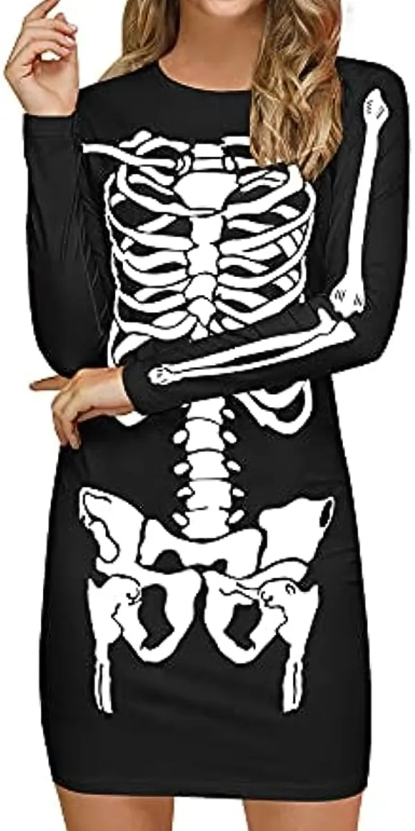 Women's Halloween Dress Costume Skeleton Funny Long Sleeve Midi Dresses