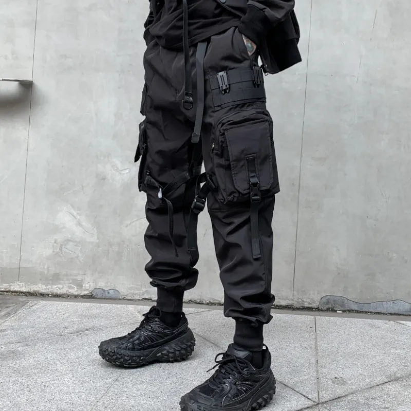 Calças masculinas multi bolsos fitas bandagem tático techwear carga homens harajuku punk hip hop corredores pantalons casual streetwear 230828
