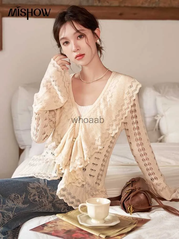 MISHOW Women's Wool Blend Knitted Cardigan 2023 Autumn French Loose Flare Sleeve V-Neck Ruffle Hollow Out Sweater Top MXC41Z0196 HKD230829