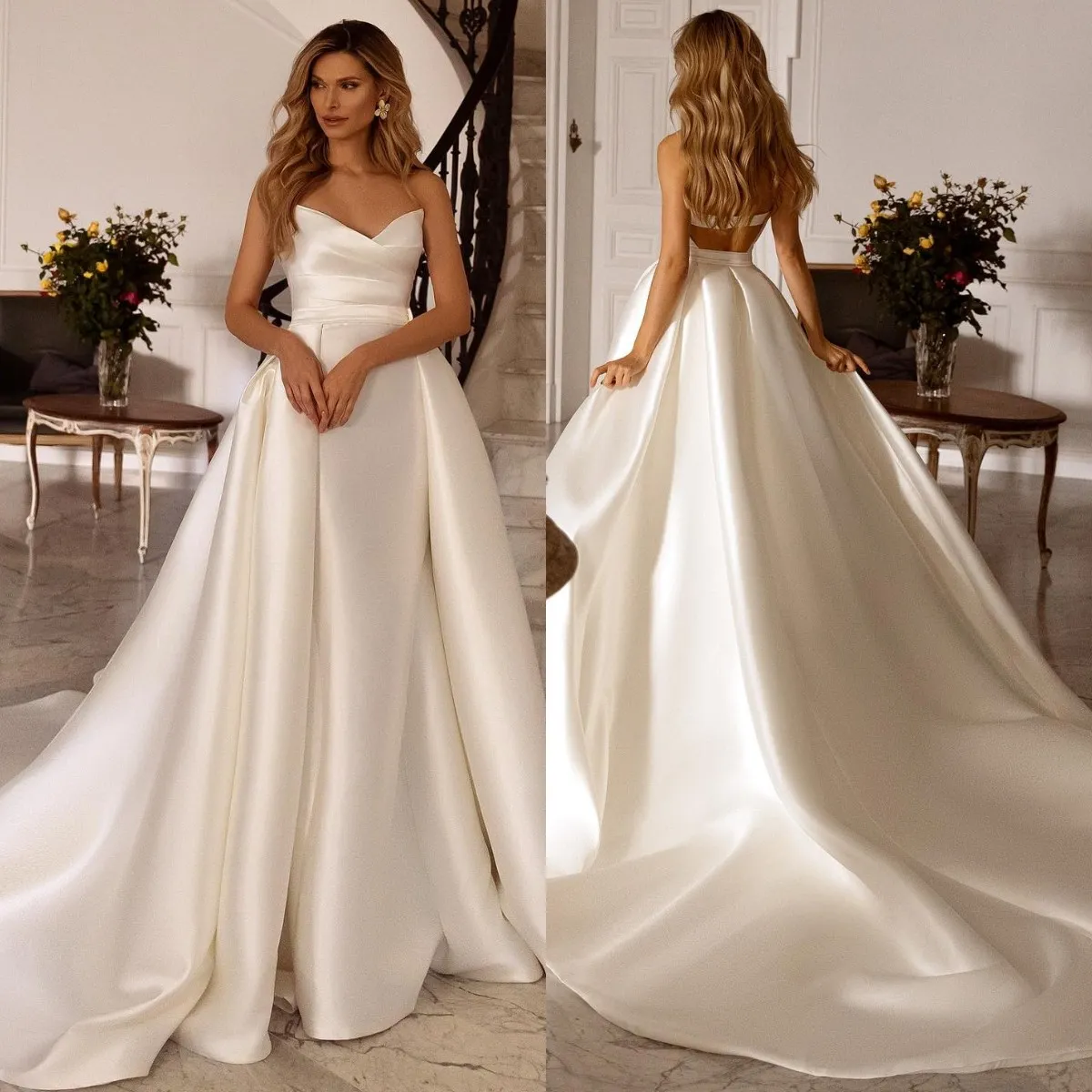 Glamouröse Meerjungfrau-Brautkleider, Overskirts, V-Ausschnitt, Satin-Brautkleid, Sweep-Zug, Robe de Mariee-Brautkleider