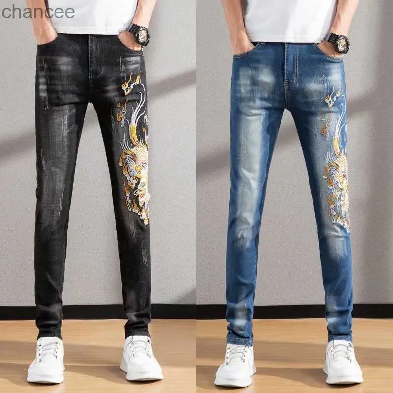 Pantalon en denim extensible coupe slim pour hommes de haute qualité, jean brodé de dragon chinois, tendance, sexy, décontracté; 230829 HKD