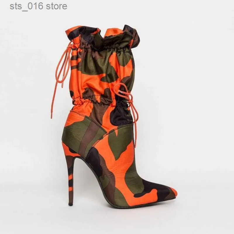 Teen hoog midden kalf hakken lente puntig 2022 laarzen voor vrouwen mode camouflage print stiletto veter damesschoenen botas mujer t230829 889's