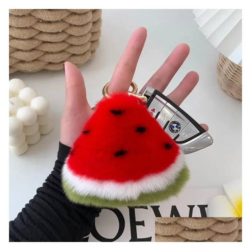 Keychains Fluffy Keyring Female Bag Hang Pendant Key-Chains Car Watermelon Fruit-Bag Real Rex Fur Accessories