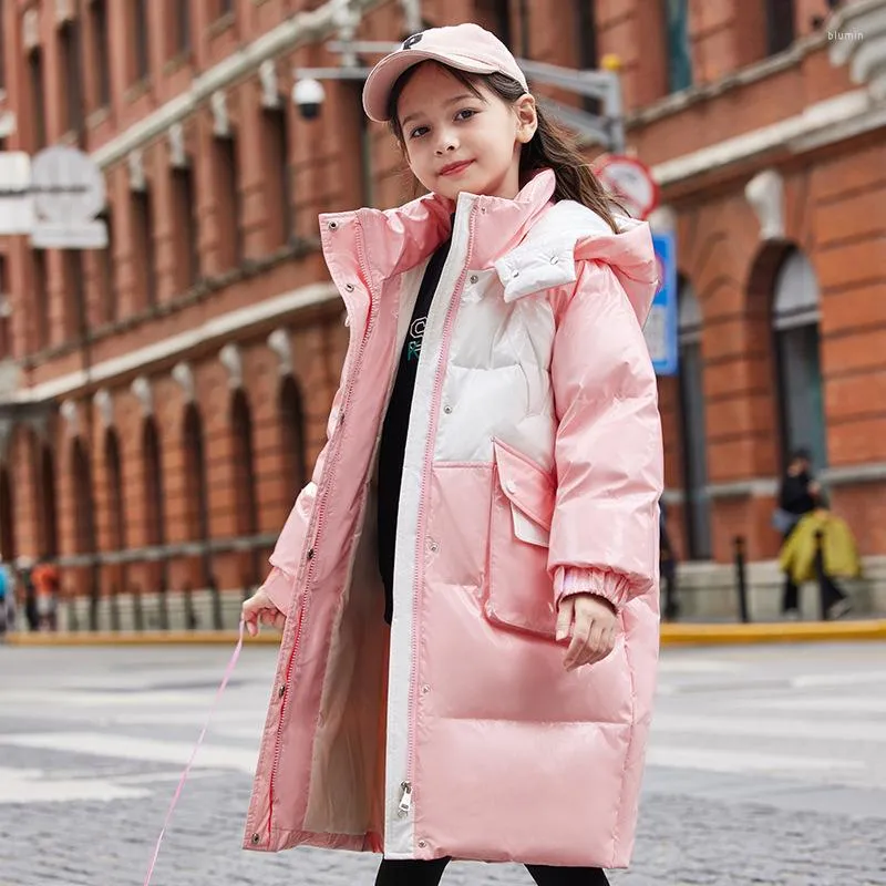 Manteau en duvet pour filles, veste d'hiver brillante, longue plume de canard blanc, parka ample, vêtements pour enfants, combinaison de neige brillante, 2023