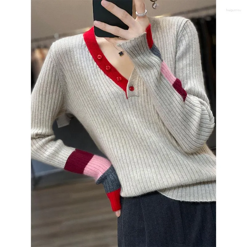 Женские свитеры V-образные вырезы с подходящим цветом пуловерной стриптиз-стрип