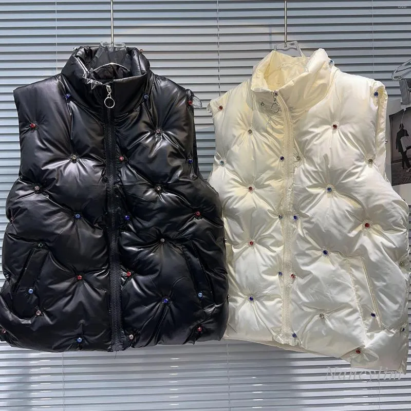 Colorful Rhinestone Beaded Cotton Leather Puffer Vest Womens Colorful Rhinestone Beaded Cotton Leather Puffer Vest Womens