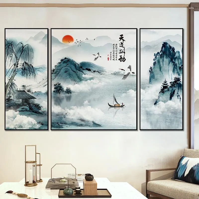 Adesivos de Parede Estilo Chinês Paisagem Pintura Arte Poster Imprime Fotos para Sala de estar Decoração de Casa Grande Mural