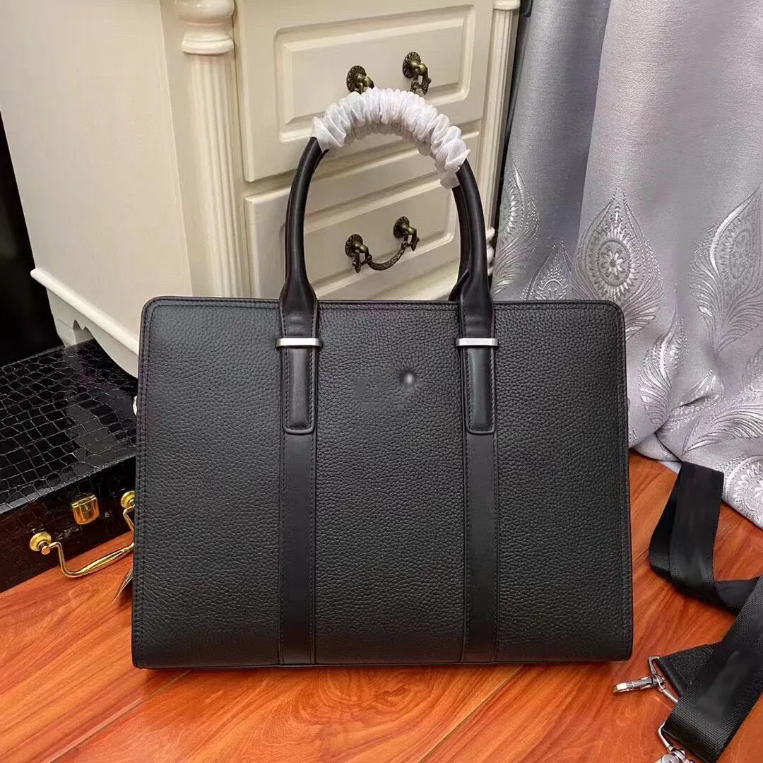 Valigetta da uomo in pura pelle nera con trama semplice in pura pelle di famoso designer, borsa a tracolla, borsa per laptop, borsa da ufficio business, borsa a tracolla borsa da viaggio borsa a tracolla