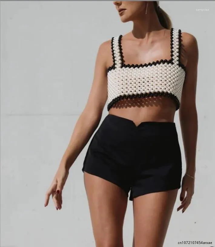 Women's Tanks Sexy Black Crochet Pearls Straps Crop Tops For Women Trendy Boho Sleeveless Bralette Party Festivals Vest Short Shirt