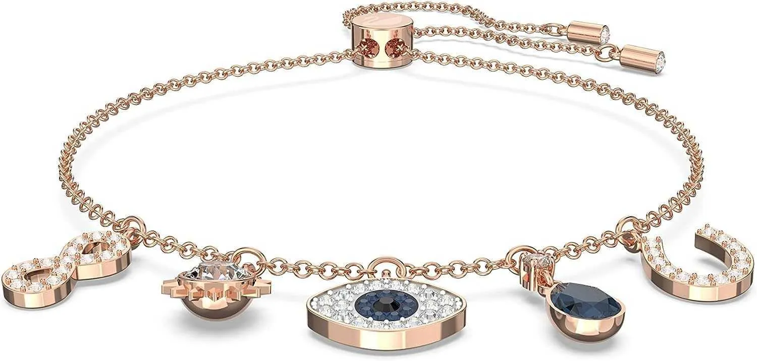 SWAROVSKI Charm-Armband mit symbolischem bösen Blick für Damen, blau-weißer Kristall, rosévergoldet, plattiert, Einheitsgröße