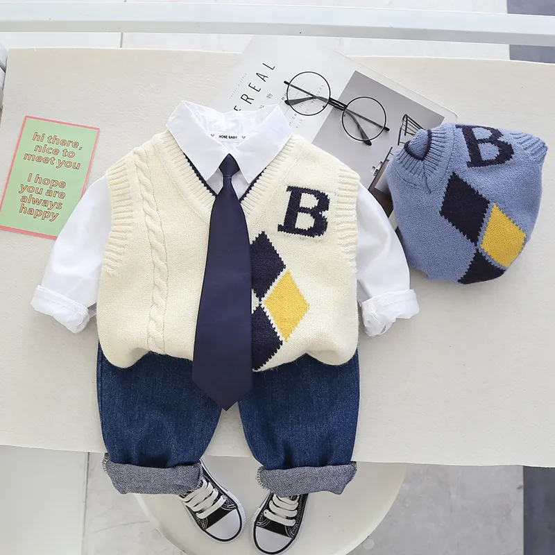 Sonbahar Bebek Erkek Giyim Seti Çocuk Terzini Örgü Yelek Gömlek Pantolon 3 PCS Suit Bebek Giysileri Kıyafetleri Çocuk Spor giyim