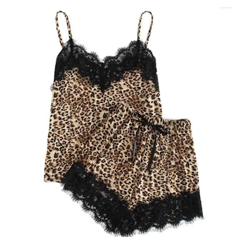 Vêtements de nuit pour femmes, ensemble pyjama Sexy, Lingerie en dentelle imprimé léopard, haut caraco et short, deux pièces, vêtements de maison décontractés