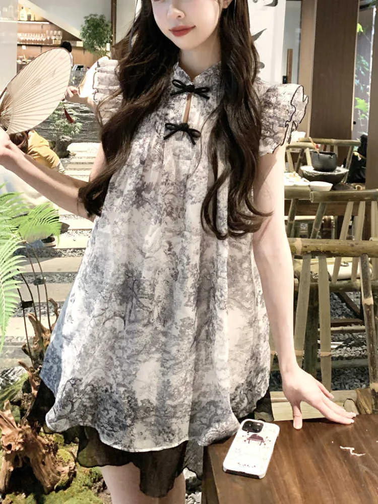 Summer Tie Dye Chiffon Dress Female Vintage A-Line Mini Dress with V-Neck  and Flutter Short Sleeves from Dhgate Urban Sexy Dresses - price 77.88