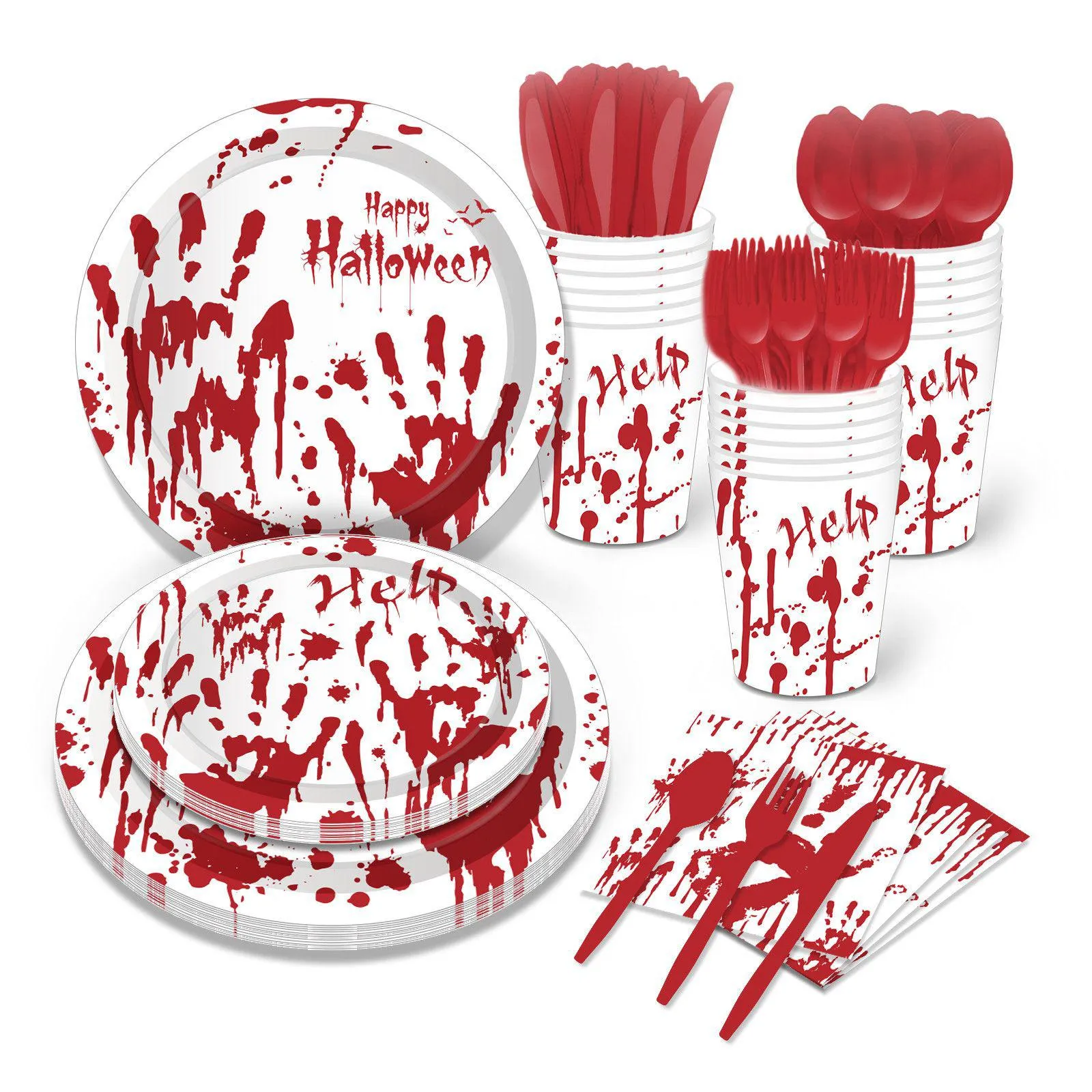 Одноразовая столовая приборочная посуда Хэллоуин кровоточатка кровоточащая бумага для вечеринки и салфетки на день рождения Связь на день рождения обслуживает 8 гостей для c dht9v