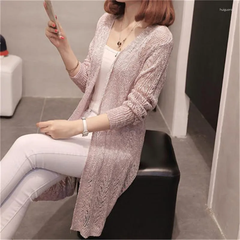 Women's Sweaters Long Causal Cardigan Women Hollow Out Knitted Summer Knitwear Ladies V-Neck Girls Cardigans Sleeve Jumper Female