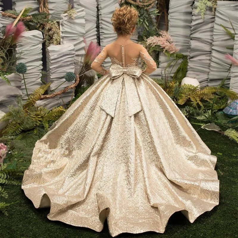 Girls Gold Satin Flower Wedding Dress Lace Backless Tulle Vintage Little Bride Pageant Princess Kids First Communion Gowns 2024