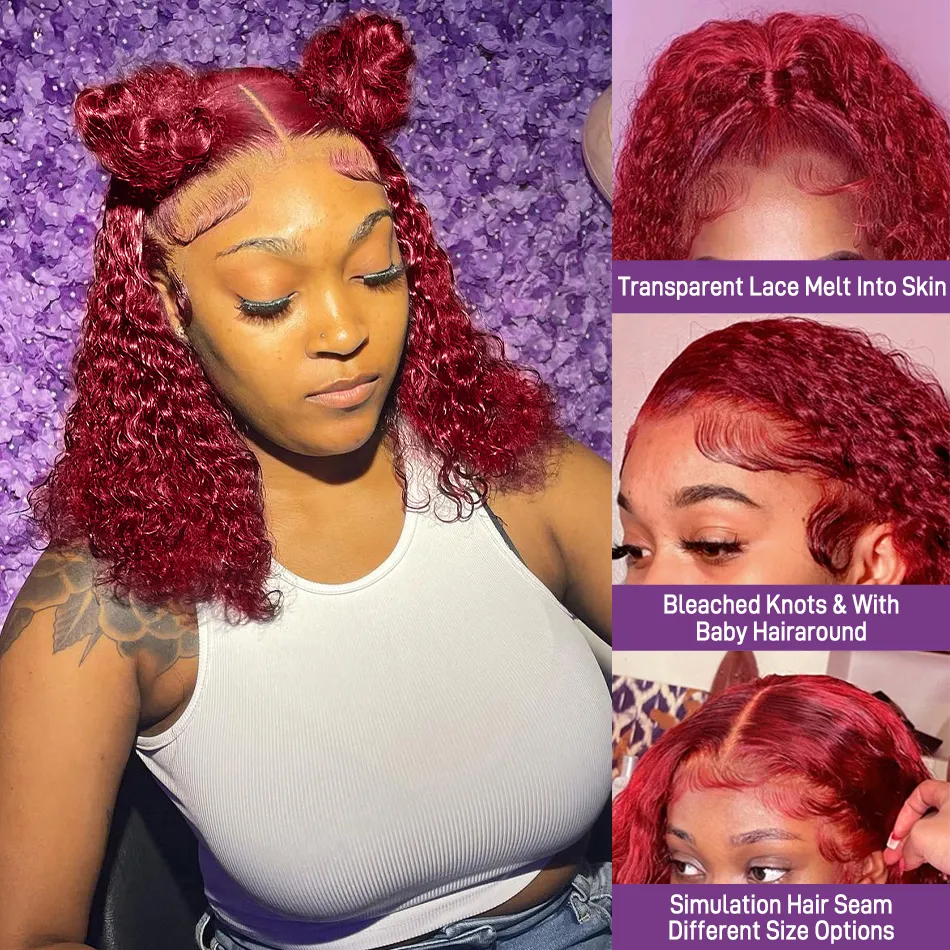 99J Burgundy Lace Front Wig Short Bob Hair Wig Human Hair 13x4 Deep Wave Frontal Wig 13x6 Red Colored 5x5 Closure Curly Wigs