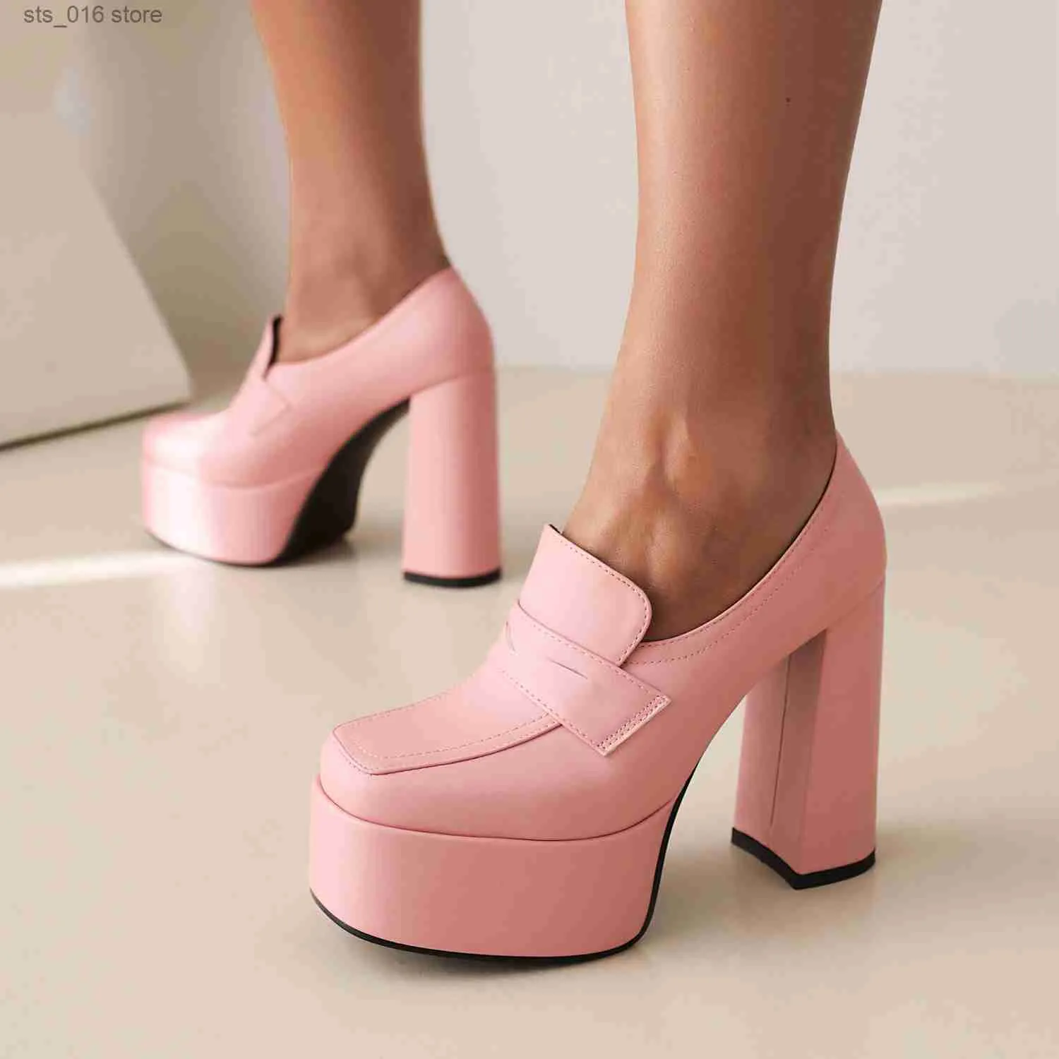 Pink Fashion Platform Women Pumps Autumn Dress High White Soft Leather Square Toe Thick Heels Party Woman Office Shoes Plus Size 34-43 T230829 743