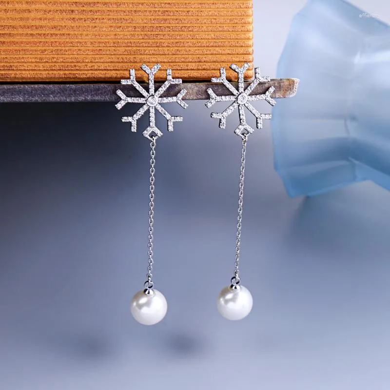 Dangle Earrings BALANBIU Exquisite Zircon Snowflake Glass Pearl White Gold Color Brass For Women Gifts Fashion Jewelry Accessory