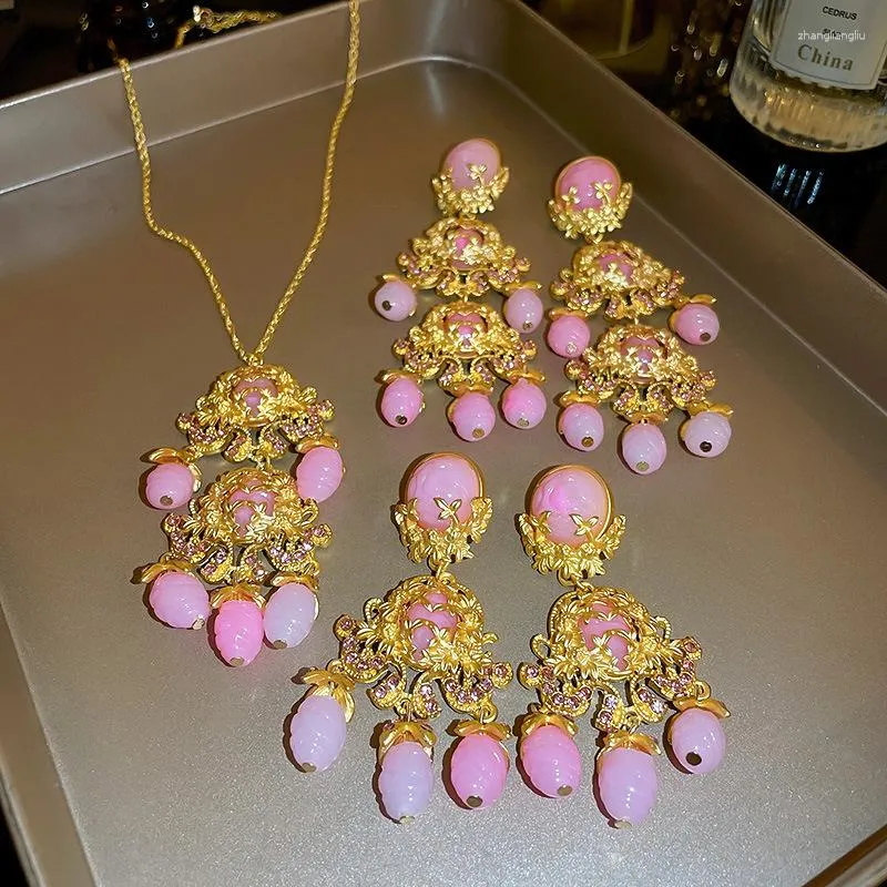 Orecchini pendenti esagerati perline acriliche di colore rosa floreale goccia lunga per gioielli da sposa con nappe geometriche da donna