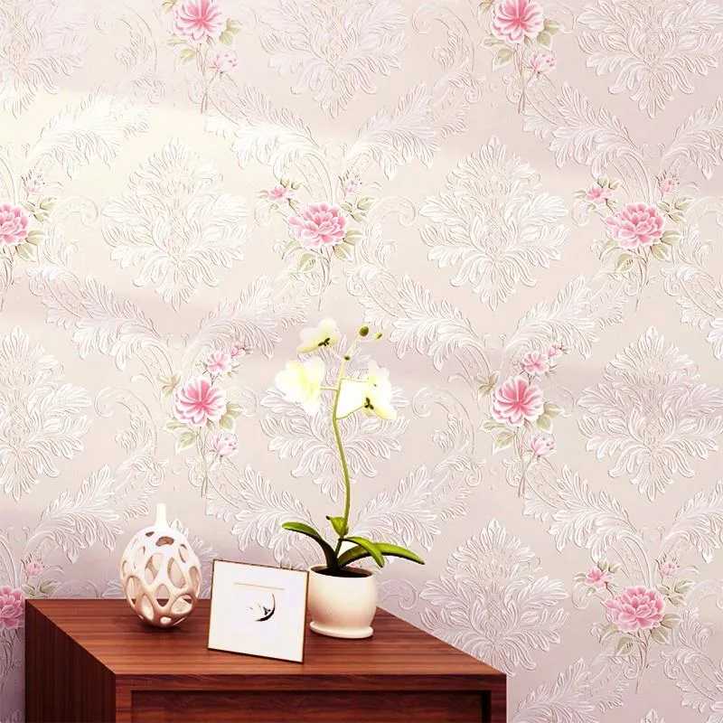 Fonds d'écran Papier peint floral pastoral moderne pour murs Chambre Salon 3D Stéréo Papier peint Home Decor Damas Rouleau Rose Bleu