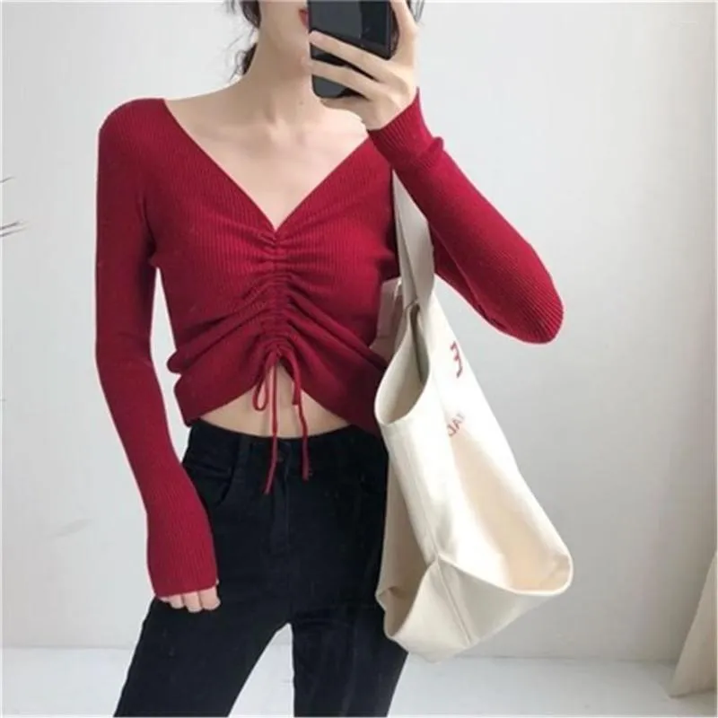 Frauenpullover Sexy Lace Up Strickpullover Top Mode Herbst Winter Pullover Frauen Koreanische Rosa V-Ausschnitt Strick Slim Jumper Pull Femme