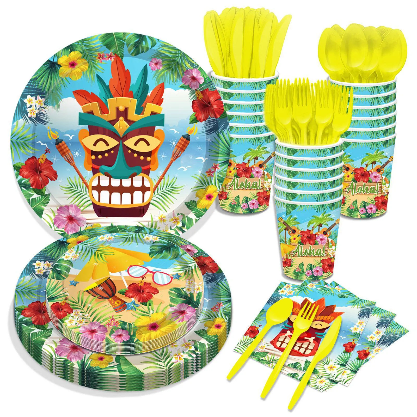 8 Person Disposable Hawaiian Paper Plates Set With Leaf Flower And