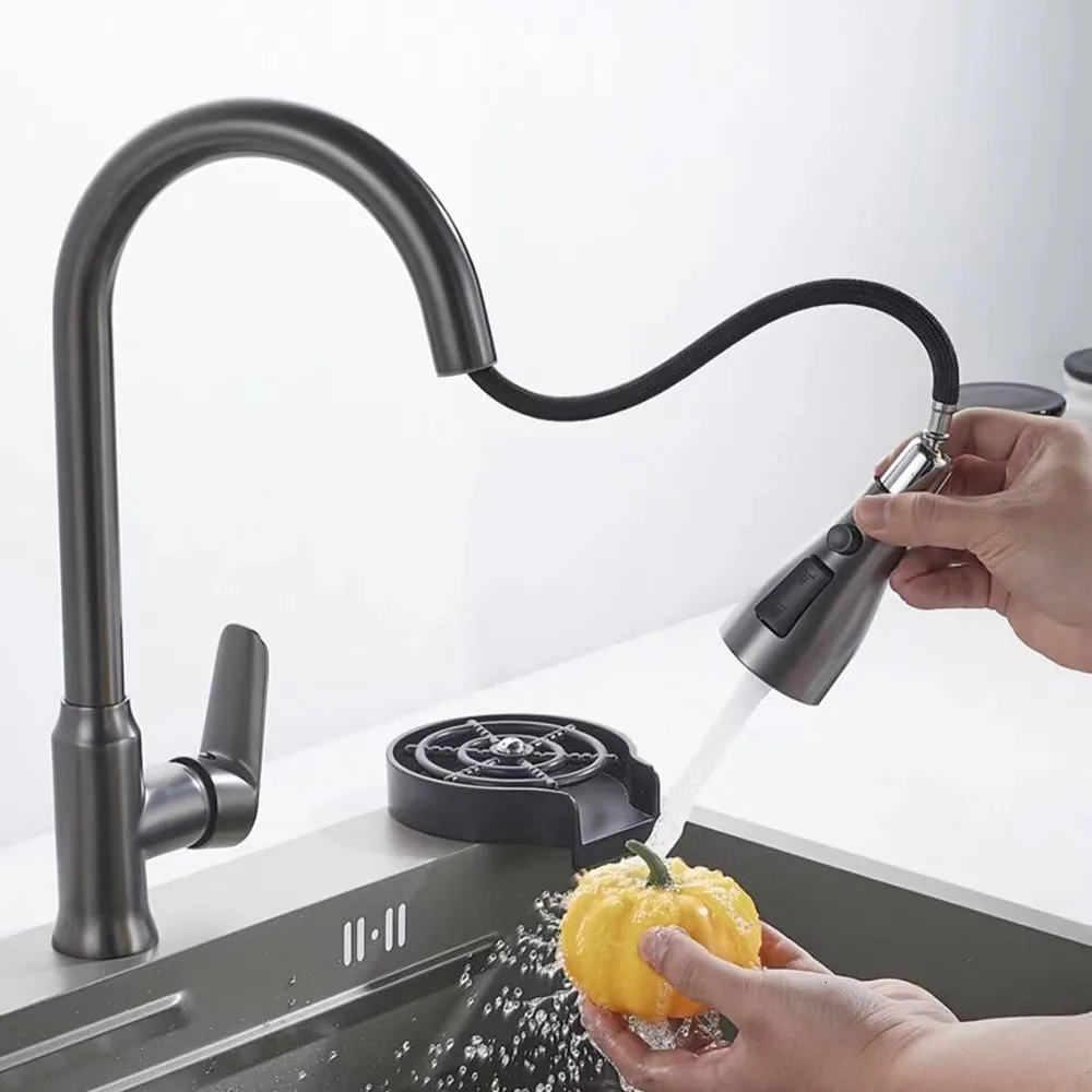 Kitchen Faucets Grey Faucet Single Hole Pull Out Spout Sink Mixer Tap Stream Sprayer Head ChromeBlack 230829