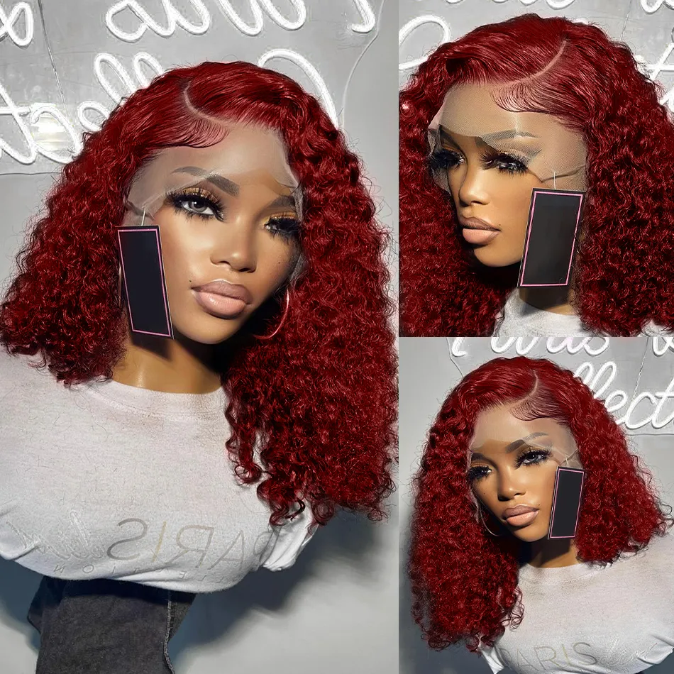 99J Burgundy Lace Front Wig Short Bob Hair Wig Human Hair 13x4 Deep Wave Frontal Wig 13x6 Red Colored 5x5 Closure Curly Wigs