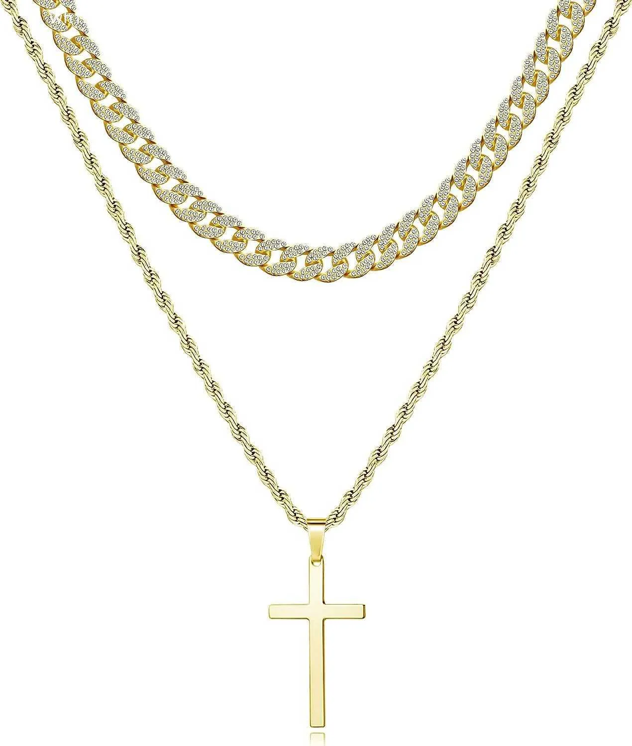 Layered Cross Necklace Chain for Men Gold Black Silver Chains Cuban Twist Rhinestone Cross Necklaces Chains Stainless Steel Chunky Choker Link Chain 14K Golden Plat