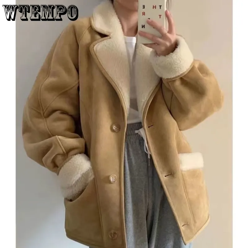 Women's Jackets WTEMPO Fashion Lamb Wool Leather Jacket for Women Elegant Lapel Thicken Warm Overcoat Chic Suede Short Coat Lambskin Outwear 230829