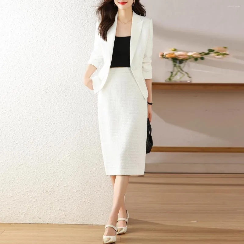 Vestido de duas peças feminino branco casual formal negócios blazer terno define elagant um botão jaqueta na altura do joelho saias lápis ternos trabalho de escritório