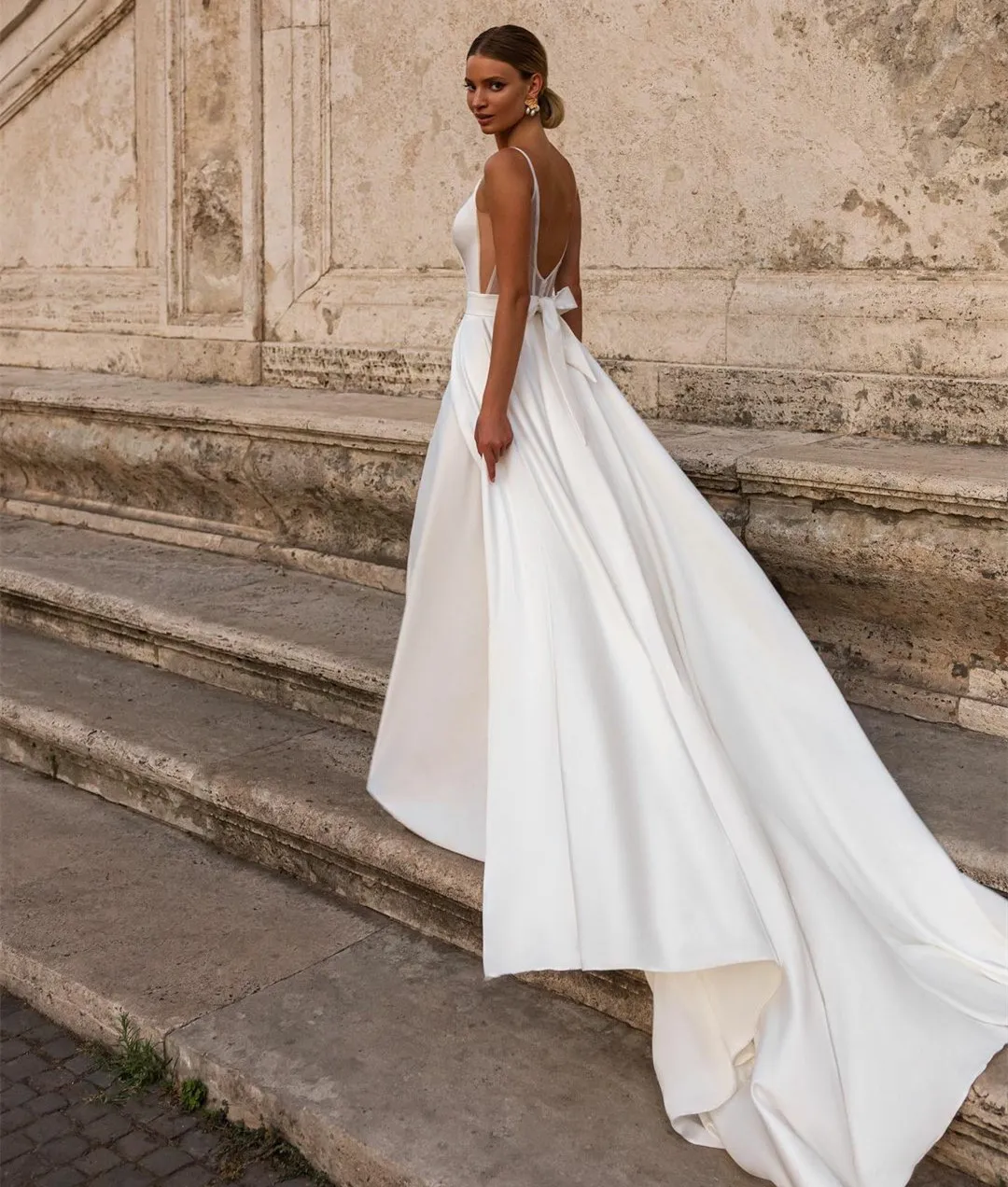 White Satin Long A Line V Neck Wedding Dress With Pockets White Satin Long A Line V Neck Wedding Dress With Pockets