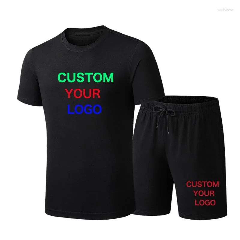 Fatos masculinos personalizados seu logotipo homens manga curta treino sólido sportswear casual ginásio 2 peças conjunto camiseta shorts ternos esportivos para o verão