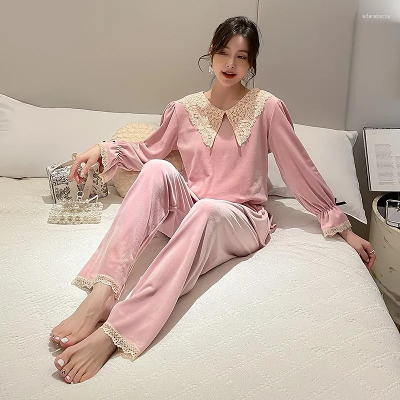 Women's Sleepwear Women 2PCS Velour Lace Floral Pajamas Sets Sweet Turn-Down Collar Pyjamas Suit Bride Bud Sleeve Dressing Gown Homewear
