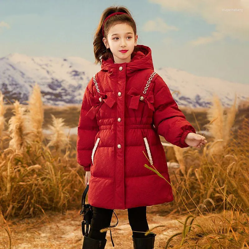 Manteau en duvet pour filles, Parka longue d'hiver pour enfants, taille élastique, épaisse, en cachemire, vêtements d'extérieur chauds, Parka décontractée pour bébés