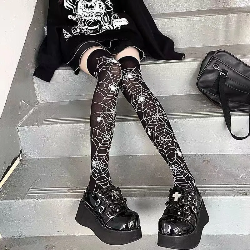 Strumpor hoSiery subkultur klassisk lolita svart goth söta strumpor lår höjder japanska flickor gotiska punk retro spindel web skalle bat long 230829