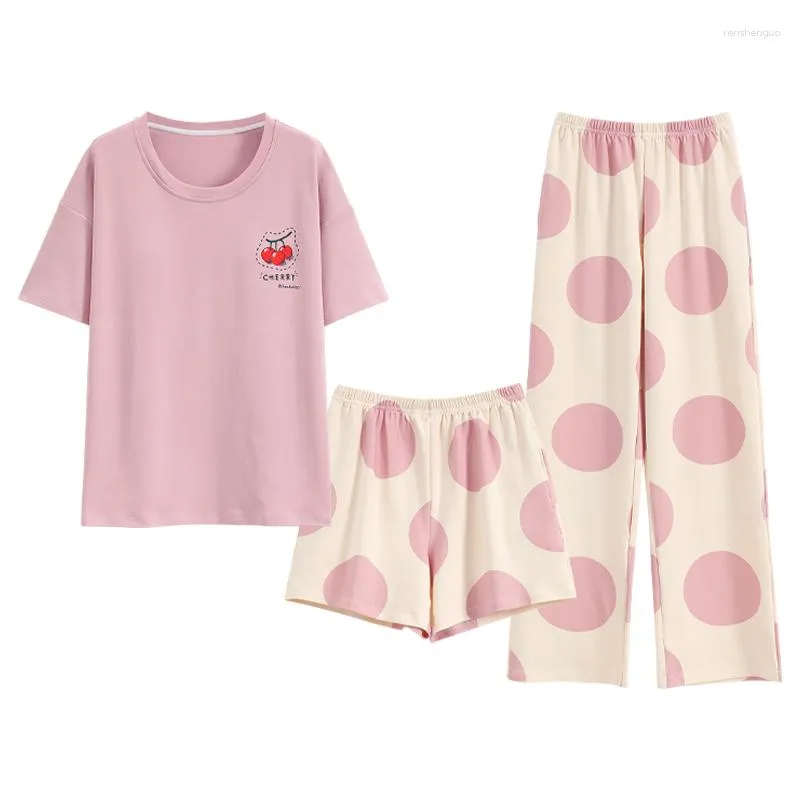 Vêtements de nuit pour femmes, ensemble 3 pièces d'été, pyjama en coton à manches courtes avec coussin de poitrine