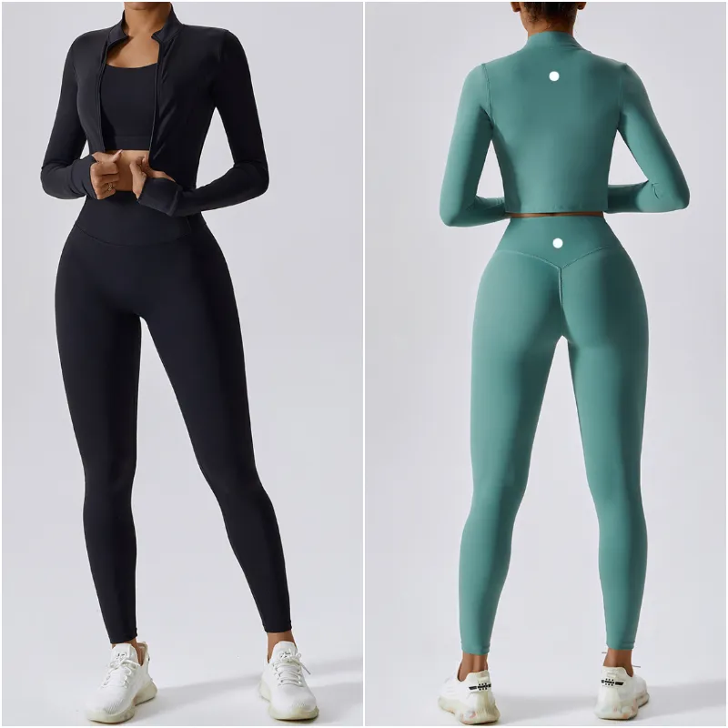 LL Brand Womens Yoga الزي ثلاث قطع سترة+سروال+جاكيتات بدلات تمرين عن كثب للياقة البدنية تلبس مرنة للبالغين البالغين قمم مرنة السراويل المرنة